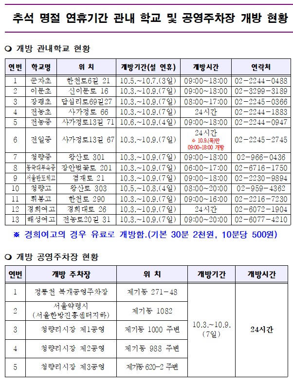 추석명절 관내 학교 및 공영주차장 개방 안내 이미지 1 - 본문에 자세한설명을 제공합니다.