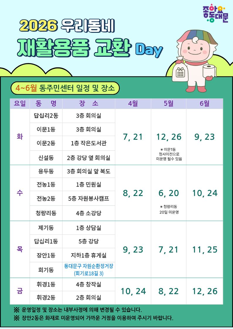 「2026년 우리동네 재활용품 교환데이」4~6월 운영 일정 안내 이미지 2 - 본문에 자세한설명을 제공합니다.