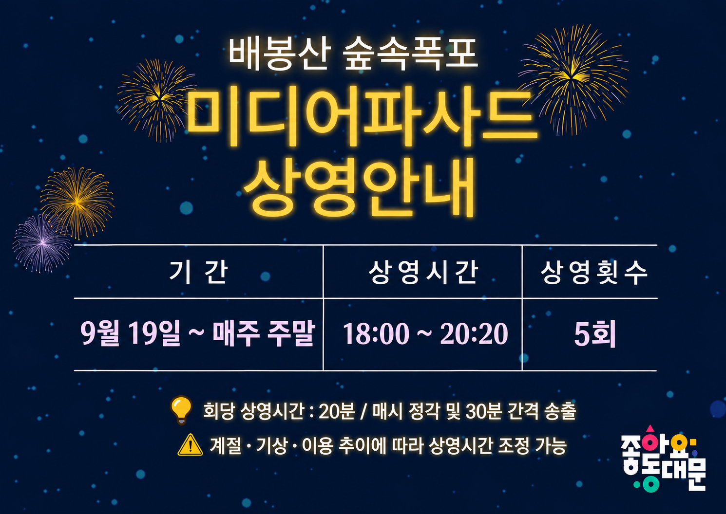 배봉산 숲속폭포 미디어파사드 상영시간(수정) 안내 이미지 1 - 본문에 자세한설명을 제공합니다.