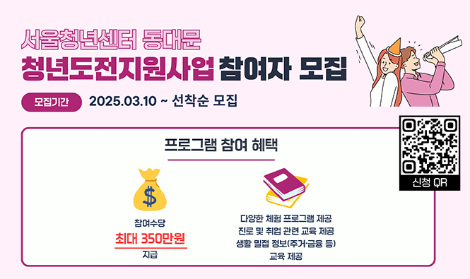 2025년 서울청년센터 동대문 청년도전지원사업 참여자 모집
모집기간 : 2025. 03. 10. ~ 선착순 모집
프로그램 참여 혜택
 - 참여수당 최대 350만원 지급
 - 다양한 체험 프로그램 제공, 진로 및 취업 관련 교육 제공, 생활 밀접 정보(주거·금융 등) 교육 제공