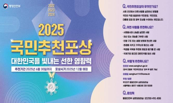 제15기 국민추천포상 개요
 가. 추천대상
나눔 실천
생명 사랑
희망 전파
⬩ 사회봉사, 기부 (재산·재능)
⬩ 안전·생명보호, 환경보호
⬩ 역경극복, 국제활동, 사회·화합 
 나. 추천자격: 개인 또는 단체 등 누구나 추천 가능(단, 본인 추천 불가)
 다. 추천기한: 2025. 6. 30.(일)까지(연중접수하나 추천기한 접수 건까지 금년도에 심사)
 라. 추천방법: 인터넷·모바일(상훈포털), 이메일, 우편, 행정안전부 직접 방문 등
 마. 포상시기: 2025년 12월 예정