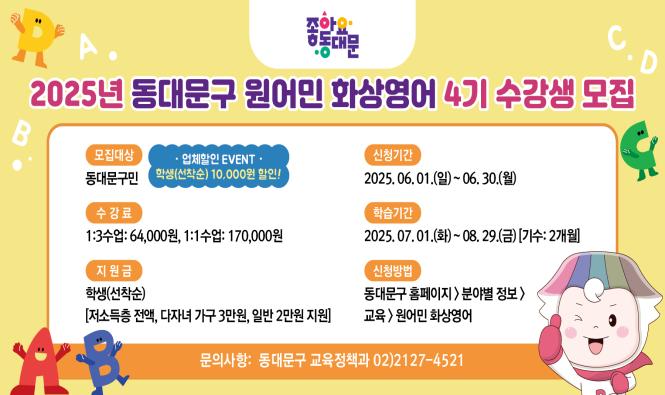  신청기간 : 2025. 6. 1.(일) ~ 6. 30.(월)
     학습기간 : 2025. 7. 1.(화) ~ 8. 29.(금) [1기수 : 2개월 기준]
     신청대상 : 동대문구민
     협 약 가
      - 1:3 수업 : 64,000원 (정상가 144,000원)
     - 1:1 수업 : 170,000원 (정상가 288,000원)
     지 원 금
     - 저소득층 학생 전액 지원
     - 다자녀 가구 학생 30,000원 지원
     - 일반 학생 20,000원 지원
     모집인원 : 선착순 학생 130명(일반 60명, 다자녀 40명, 저소득층 30명)
     (주)건우애듀 할인 이벤트 : 10,000원 추가 할인(지원금 혜택자 대상)
     신청방법
     - 동대문구청 홈페이지 > 분야별정보 > 교육 > 원어민화상영어 
     - 학생 홈페이지 : ddm.espot.co.kr
     - 성인 홈페이지 : ddm.englishspot.co.kr
     문    의 : 교육정책과(☎ 2127-4521) / ㈜건우애듀(☎ 1644-4631)