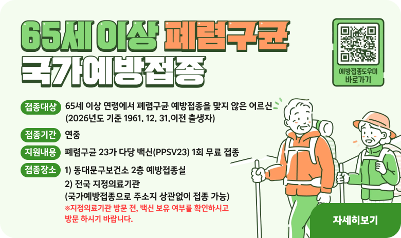 어르신 폐렴구균 국가예방접종 안내

○ 접종대상 : 65세 이상 연령에서 폐렴구균 예방접종을 맞지 않은 어르신(2026년도 기준 1961. 12. 31.이전 출생자)
○ 접종기간 : 연중
○ 지원내용 : 폐렴구균 23가 다당 백신(PPSV23) 1회 무료 접종
○ 접종장소 :
1) 동대문구보건소 2층 예방접종실
2) 전국 지정의료기관(국가예방접종으로 주소지 상관없이 접종 가능)
※지정의료기관 방문 전, 백신 보유 여부를 확인하시고 방문 하시기 바랍니다.

"자세히보기"