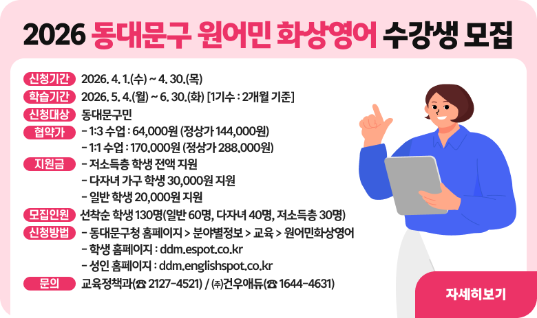 「2026년 동대문구 원어민 화상영어」수강생 모집
 신청기간 : 2026. 4. 1.(수) ~ 4. 30.(목)
 학습기간 : 2026. 5. 4.(월) ~ 6. 30.(화) [1기수 : 2개월 기준]
 신청대상 : 동대문구민
 협 약 가
- 1:3 수업 : 64,000원 (정상가 144,000원)
- 1:1 수업 : 170,000원 (정상가 288,000원)
 지 원 금
- 저소득층 학생 전액 지원
- 다자녀 가구 학생 30,000원 지원
- 일반 학생 20,000원 지원
 모집인원 : 선착순 학생 130명(일반 60명, 다자녀 40명, 저소득층 30명)
 신청방법
- 동대문구청 홈페이지 > 분야별정보 > 교육 > 원어민화상영어
- 학생 홈페이지 : ddm.espot.co.kr
- 성인 홈페이지 : ddm.englishspot.co.kr
 문 의 : 교육정책과(☎ 2127-4521) / ㈜건우애듀(☎ 1644-4631)

"자세히보기"