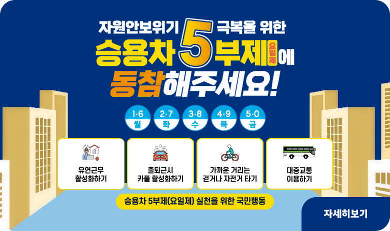 자원안보위기 극복을 위한 승용차 5부제 시행

자원안보위기 극복을 위한 승용차5부제(요일제)에 동참해주세요

1·6(월) 2·7(화) 3·8(수) 4·9(목) 5·0(금)
승용차 5부제(요일제) 실천을 위한 국민행동
- 유연근무 활성화하기
- 출퇴근시 카풀 활성화하기
- 대중교통 이용하기
- 가까운 거리는 걷거나 자전거 타기

"자세히보기"