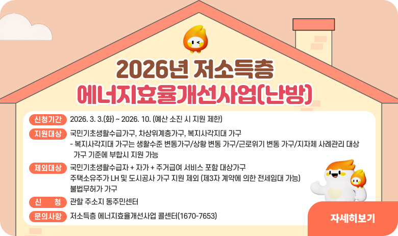 2026년 저소득층 에너지효율개선사업(난방)

❍ 신청기간 : 2026. 3. 3.(화) ~ 2026. 10. (예산 소진 시 지원 제한)
❍ 지원대상 : 국민기초생활수급가구, 차상위계층가구, 복지사각지대 가구
- 복지사각지대 가구는 생활수준 변동가구/상황 변동 가구/근로위기 변동 가구/지자체 사례관리 대상
가구 기준에 부합시 지원 가능
❍ 제외대상 : 국민기초생활수급자 + 자가 + 주거급여 서비스 포함 대상가구
주택소유주가 LH 및 도시공사 가구 지원 제외 (제3자 계약에 의한 전세임대 가능)
불법무허가 가구
과거 동 사업 수혜 후 중복 수혜 금지 기간이 경과되지 않은 가구(난방 : 24,25년)
❍ 신 청 : 관할 주소지 동주민센터
❍ 문의사항 : 저소득층 에너지효율개선사업 콜센터(1670-7653)
"자세히보기"