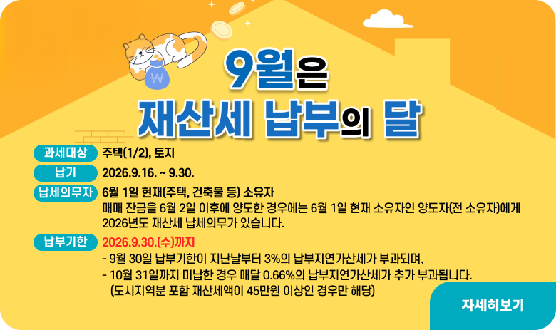 9월은 재산세 납부의 달
과세대상 : 주택(1/2), 토지
납기 : 2026.9.16. ~ 9.30.
납세의무자 : 6월 1일 현재(주택, 건축물 등) 소유자
매매 잔금을 6월 2일 이후에 양도한 경우에는 6월 1일 현재 소유자인 양도자(전 소유자)에게 2026년도 재산세 납세의무가 있습ㅈ니다.
납부기한 : 2026.9.30.(수)까지
○ 9월 30일 납부기한이 지난날부터 3%의 납부지연가산세가 부과되며,
○ 10월 31일까지 미납한 경우 매달 0.66%의 납부지연가산세가 추가 부과됩니다.
(도시지역분 포함 재산세액이 45만원 이상인 경우만 해당)
자세히보기