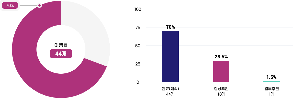 이행률 67개 6% / 완료(계속) 4개 : 6% / 정상추진 47개 70.1% / 일부추진 14개 20.9% / 시기미도래(보류) 3%