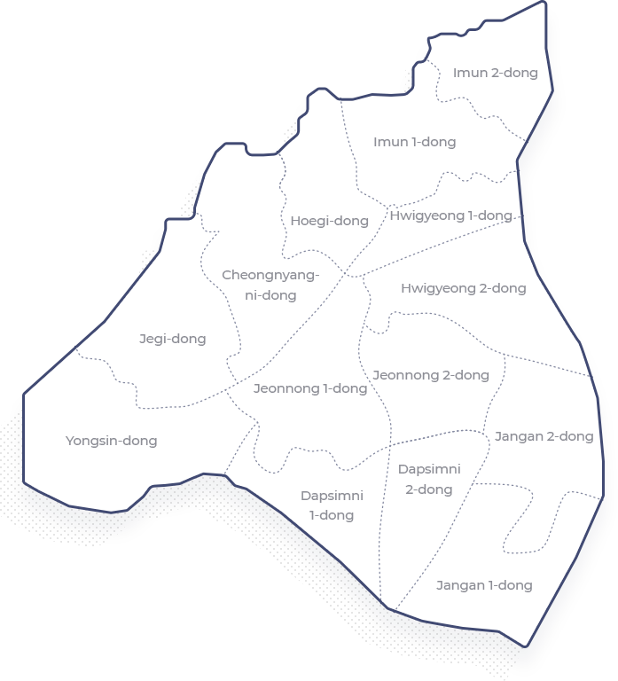 Dongdaemun-gu Administrative Districts - Imun 1-dong, Imun 2-dong, Hoegi-dong, Cheongnyangni-dong, Jegi-dong, Yongsin-dong, Jeonnong 1-dong, Jeonnong 2-dong, Dapsimni 1-dong, Dapsimni 2-dong, Jangan 2-dong, Jangan 1-dong, Hwigyeong 1-dong, Hwigyeong 2-dong