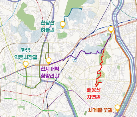 걸으면 좋아요! 동대문길 코스 - 한방 약령시장길 4.5km, 천지개벽 청량리길 4km, 천장산 하늘길 1.7km, 배봉산 자연길 3.5km, 사계절 꽃길 5km