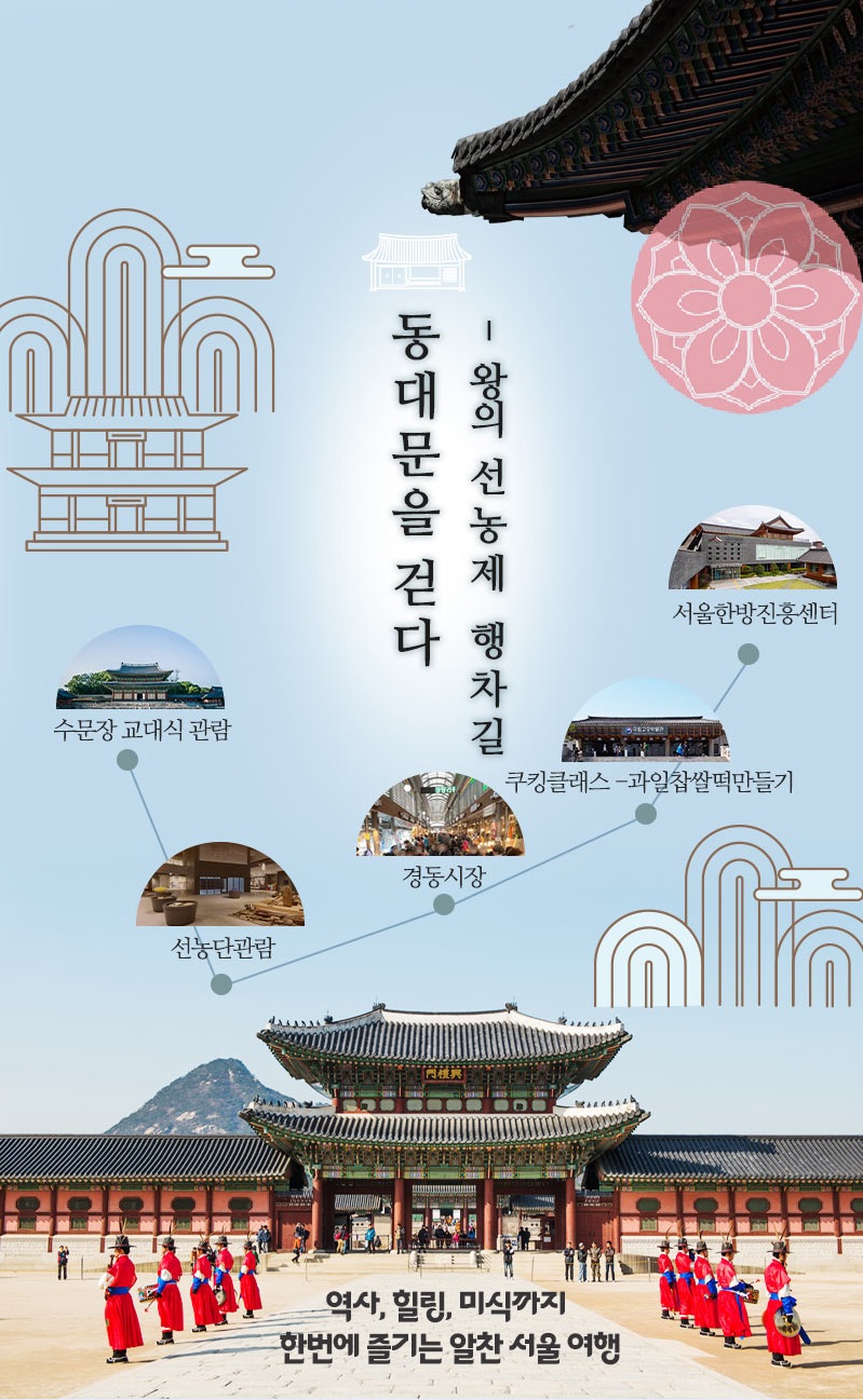 경복궁 → 흥인지문 → 선농단 → 경동시장·청량리시장 자유 미식체험→ 경동시장 쿠킹클래스 → 서울한방진흥센터·약령시장 코스안내이미지