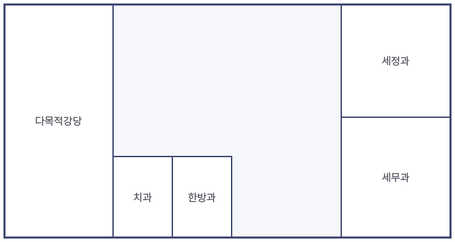 2층 층별안내 : 다목적강당, 한방과, 치과, 세정과, 세무과이 있습니다.