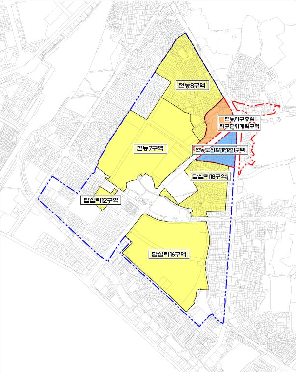 전농,답십리 정비구역설정도 - 12시방향에서부터 시계방향으로 전농8구역, 전농지구중심 지구단위 계획구역, 전농도시환경정비구역, 답십리18구역, 답십리16구역, 답십리12구역, 전농7구역이 있다.