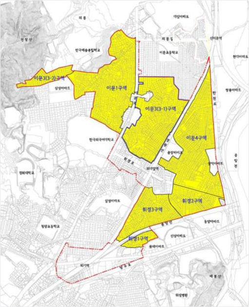 이문, 휘경 정비구역설정도 - 왼쪽 위에서부터 시계방향으로 이문3(3-2)구역, 이문1구역, 이문3(3-1)구역, 이문4구역, 휘경2구역, 휘경3구역, 휘경1구역이 있다.